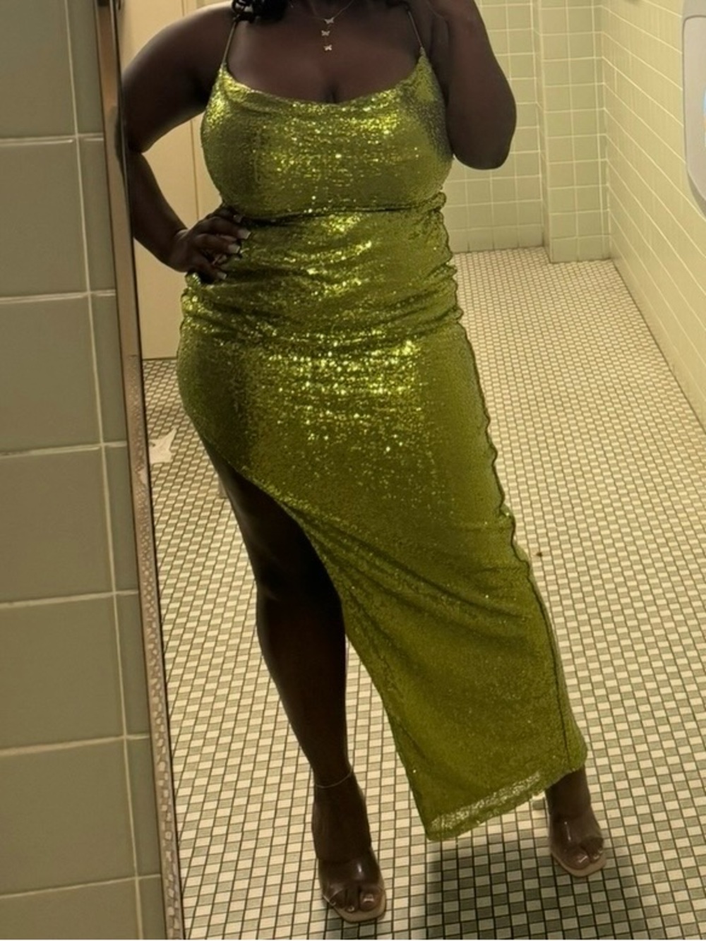 AKIRA Lime Green Sequin Asymmetrical Prom Dress